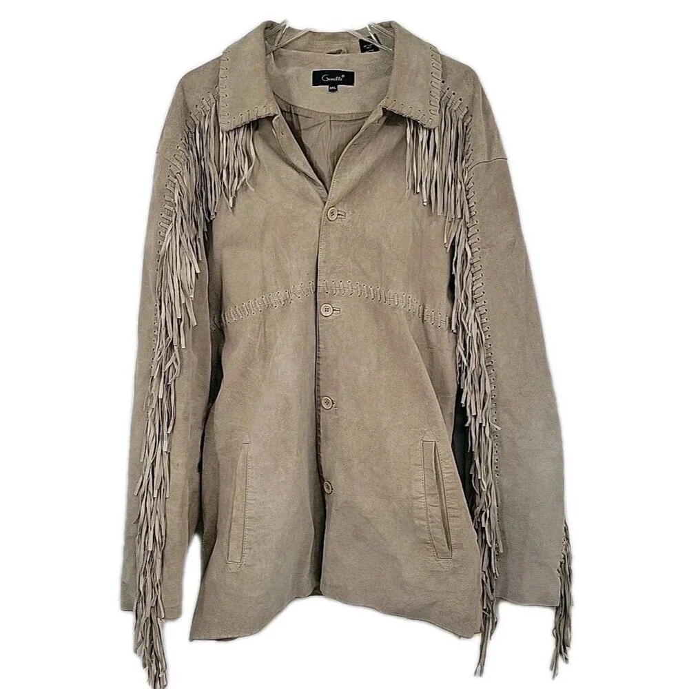Genelli Mens Leather Fringe Jacket Size XXL Blonde Tan Coat Vintage - Picture 1 of 16